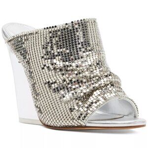 150$ Jessica Rich x Steve Madden Adrienne Chainmail Wedge Sandal Size 6.5 Silver